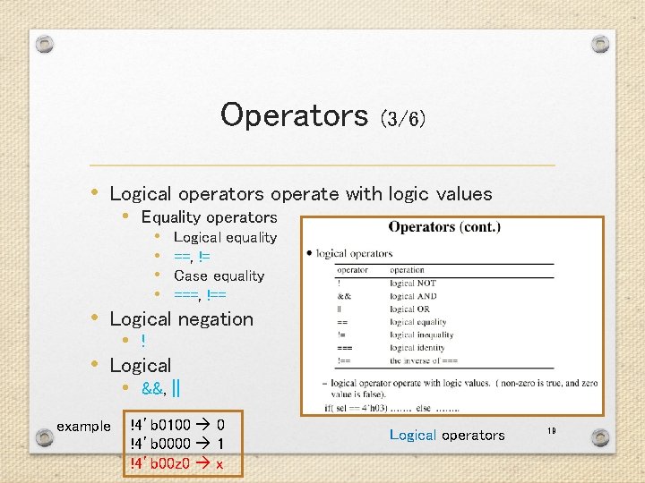 Operators (3/6) • Logical operators operate with logic values • Equality operators • • Operators (3/6) • Logical operators operate with logic values • Equality operators • •