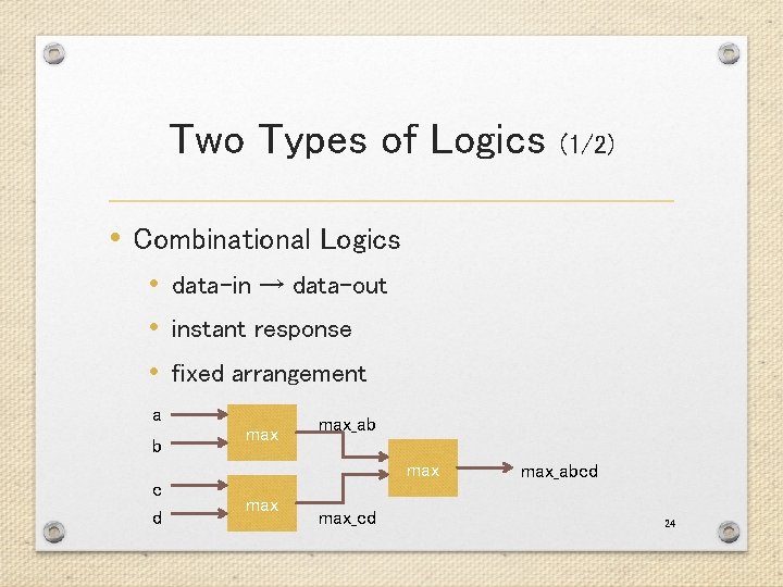 Two Types of Logics (1/2) • Combinational Logics • data-in → data-out • instant Two Types of Logics (1/2) • Combinational Logics • data-in → data-out • instant