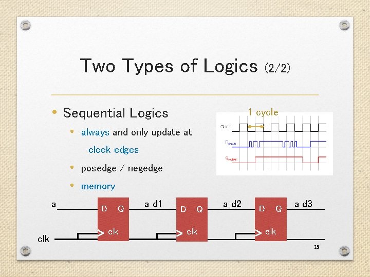 Two Types of Logics • Sequential Logics (2/2) 1 cycle • always and only Two Types of Logics • Sequential Logics (2/2) 1 cycle • always and only