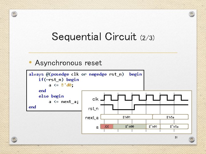 Sequential Circuit (2/3) • Asynchronous reset always @(posedge clk or negedge rst_n) if(~rst_n) begin Sequential Circuit (2/3) • Asynchronous reset always @(posedge clk or negedge rst_n) if(~rst_n) begin