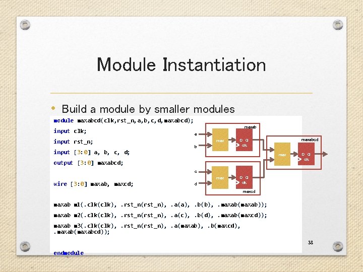 Module Instantiation • Build a module by smaller modules module maxabcd(clk, rst_n, a, b, Module Instantiation • Build a module by smaller modules module maxabcd(clk, rst_n, a, b,