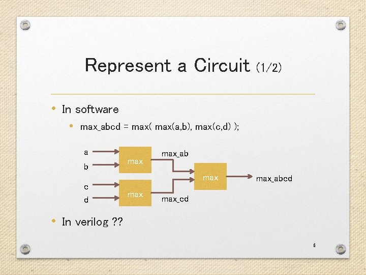 Represent a Circuit (1/2) • In software • max_abcd = max(a, b), max(c, d) Represent a Circuit (1/2) • In software • max_abcd = max(a, b), max(c, d)