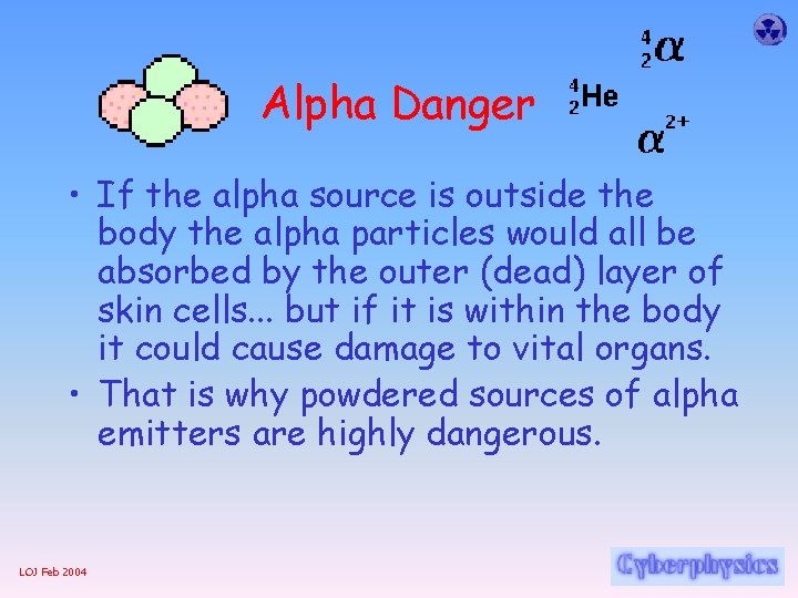 Alpha Danger • If the alpha source is outside the body the alpha particles