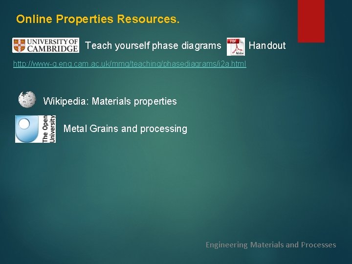Online Properties Resources. Teach yourself phase diagrams Handout http: //www-g. eng. cam. ac. uk/mmg/teaching/phasediagrams/i