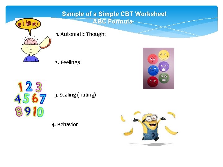 Sample of a Simple CBT Worksheet ABC Formula 1. Automatic Thought 2. Feelings 3.