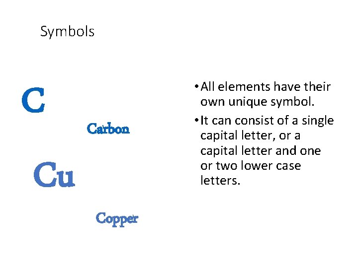 Symbols C Cu Carbon Copper • All elements have their own unique symbol. •