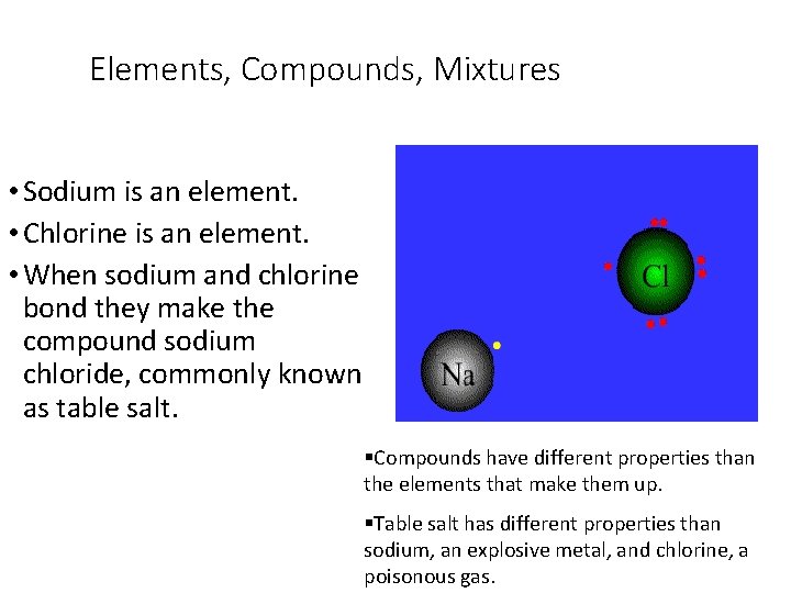 Elements, Compounds, Mixtures • Sodium is an element. • Chlorine is an element. •