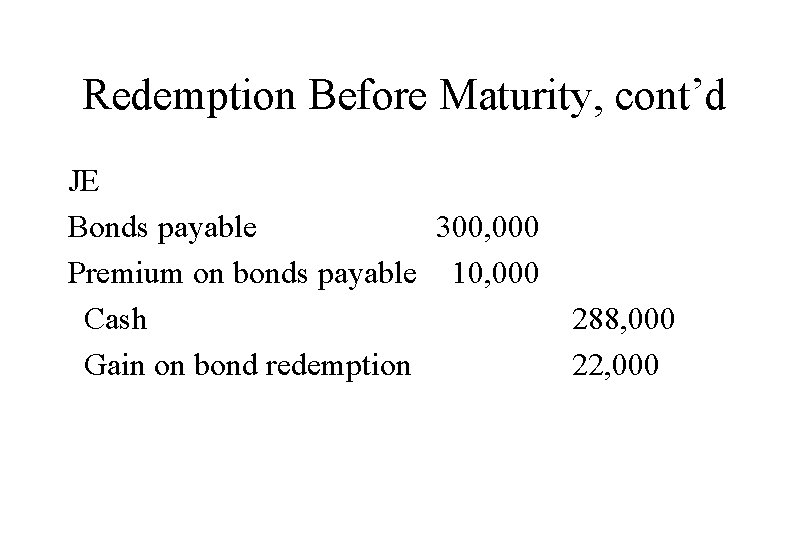 Redemption Before Maturity, cont’d JE Bonds payable 300, 000 Premium on bonds payable 10,