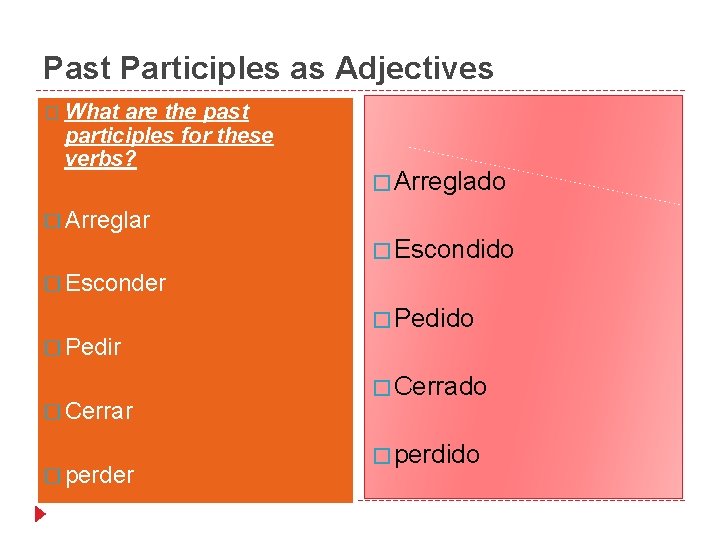 Past Participles as Adjectives � What are the past participles for these verbs? �