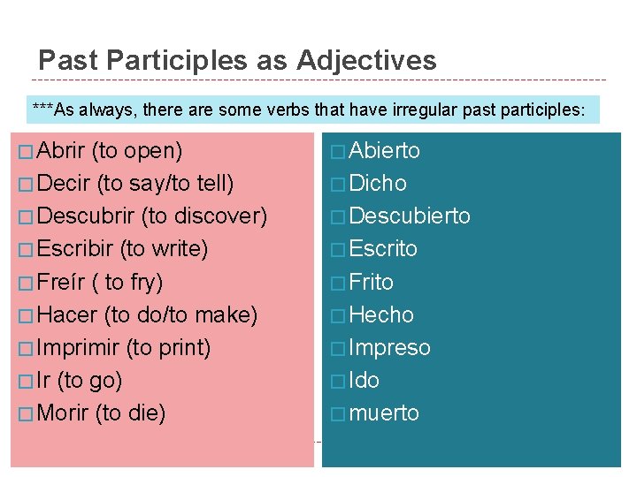 Past Participles as Adjectives ***As always, there are some verbs that have irregular past