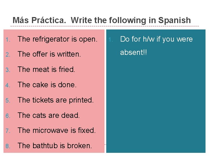 Más Práctica. Write the following in Spanish 1. The refrigerator is open. 2. The