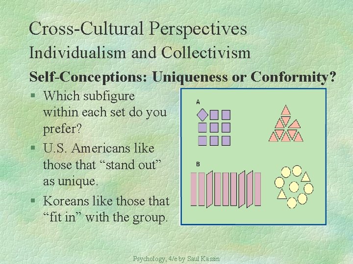 Cross-Cultural Perspectives Individualism and Collectivism Self-Conceptions: Uniqueness or Conformity? § Which subfigure within each