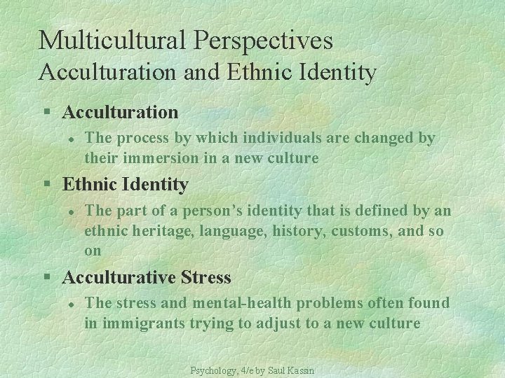 Multicultural Perspectives Acculturation and Ethnic Identity § Acculturation l The process by which individuals