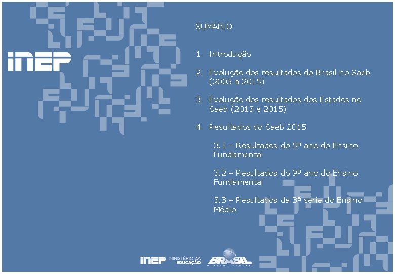 SUMÁRIO 1. Introdução 2. Evolução dos resultados do Brasil no Saeb (2005 a 2015)
