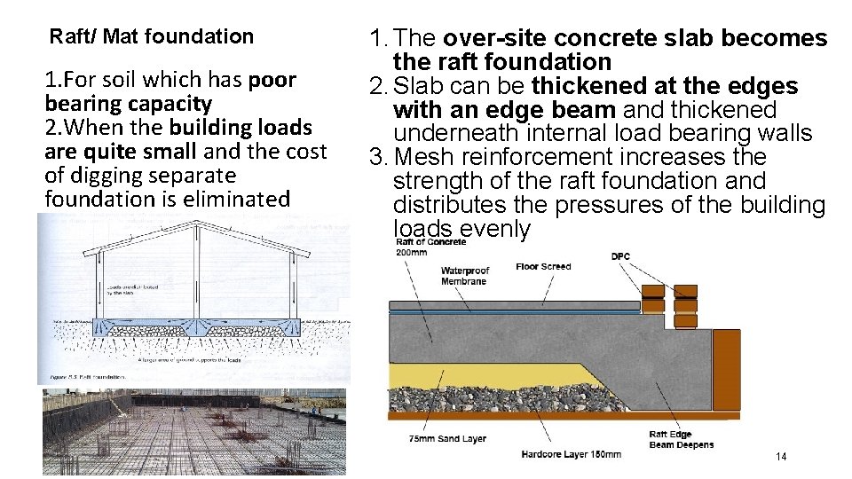 Raft/ Mat foundation 1. For soil which has poor bearing capacity 2. When the