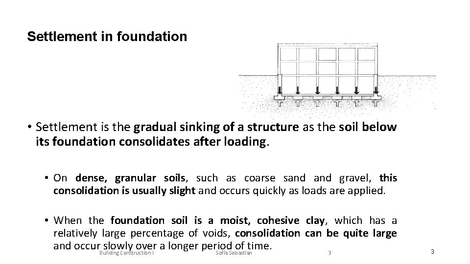 Settlement in foundation • Settlement is the gradual sinking of a structure as the