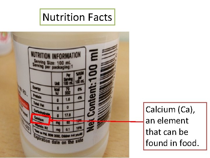 Nutrition Facts Calcium (Ca), an element that can be found in food. 