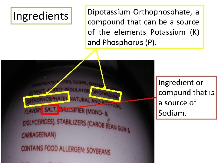Ingredients Dipotassium Orthophosphate, a compound that can be a source of the elements Potassium