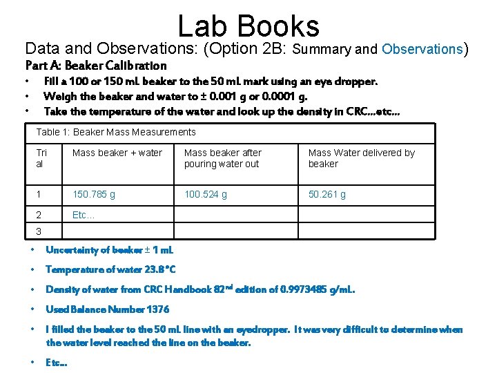 Lab Books Data and Observations: (Option 2 B: Summary and Observations) Part A: Beaker