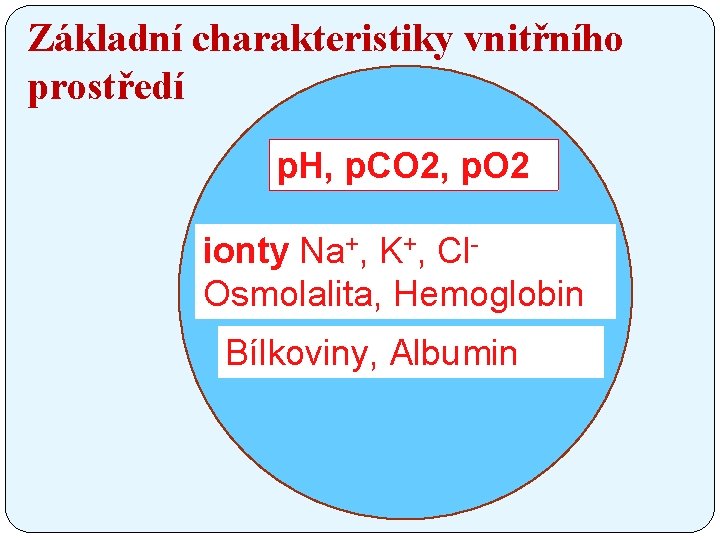 Základní charakteristiky vnitřního prostředí p. H, p. CO 2, p. O 2 ionty Na+,