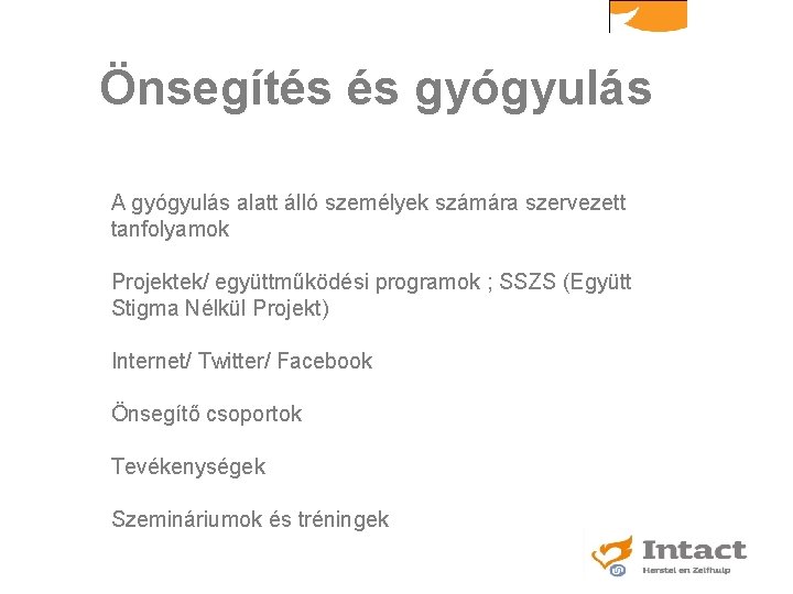 Önsegítés és gyógyulás A gyógyulás alatt álló személyek számára szervezett tanfolyamok Projektek/ együttműködési programok