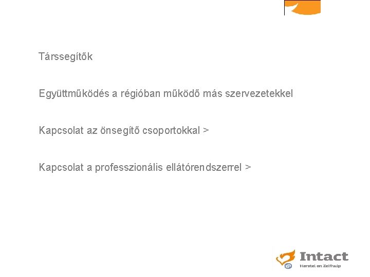 Társsegítők Együttműködés a régióban működő más szervezetekkel Kapcsolat az önsegítő csoportokkal > Kapcsolat a