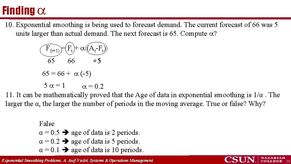 Finding 10. Exponential smoothing is being used to forecast demand. The current forecast of