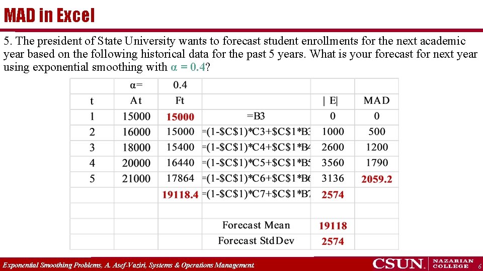 MAD in Excel 5. The president of State University wants to forecast student enrollments