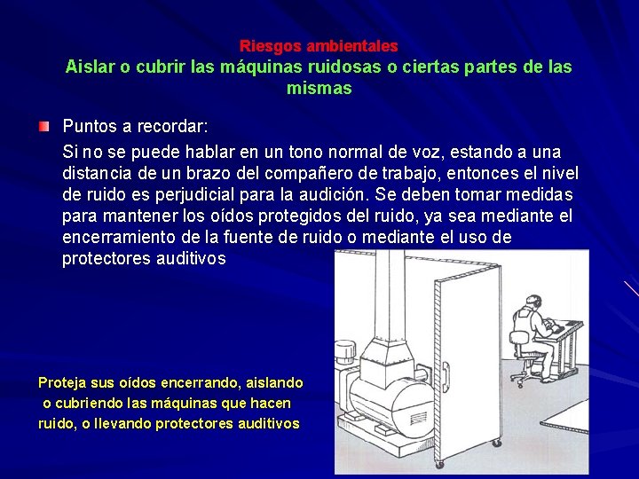 Riesgos ambientales Aislar o cubrir las máquinas ruidosas o ciertas partes de las mismas