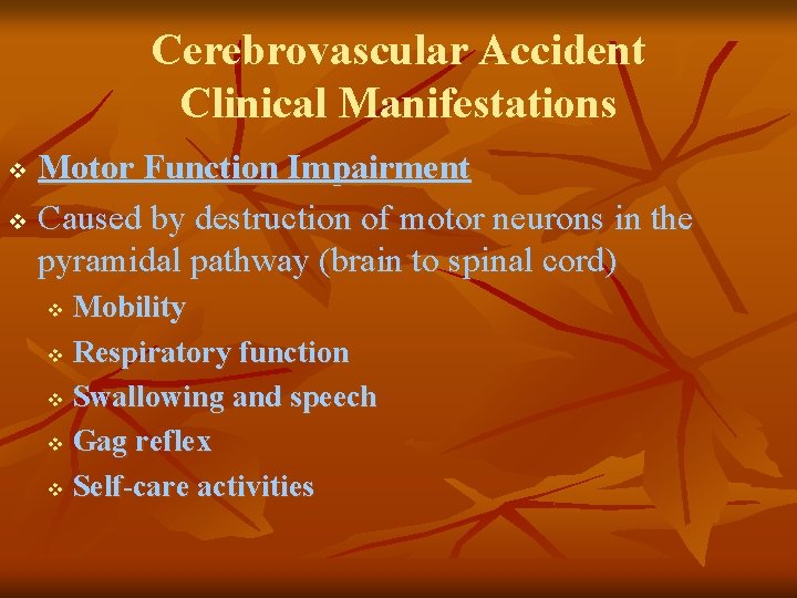Cerebrovascular Accident Clinical Manifestations Motor Function Impairment v Caused by destruction of motor neurons