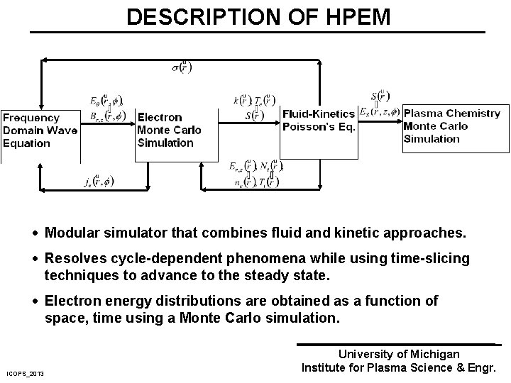 DESCRIPTION OF HPEM · Modular simulator that combines fluid and kinetic approaches. · Resolves