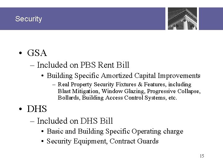 Security • GSA – Included on PBS Rent Bill • Building Specific Amortized Capital