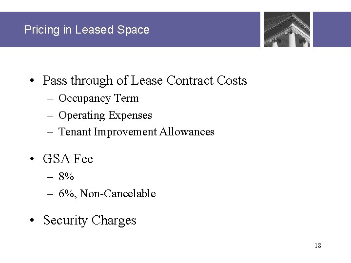 Pricing in Leased Space • Pass through of Lease Contract Costs – Occupancy Term