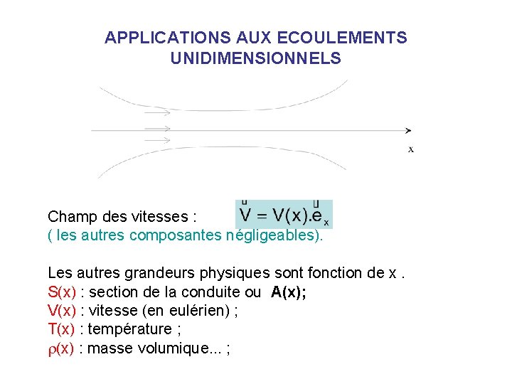 APPLICATIONS AUX ECOULEMENTS UNIDIMENSIONNELS Champ des vitesses : ( les autres composantes négligeables). Les