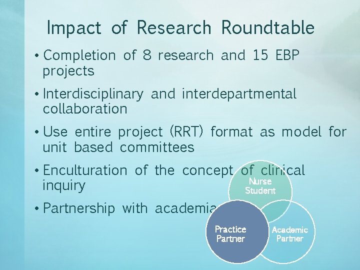 Impact of Research Roundtable • Completion of 8 research and 15 EBP projects •