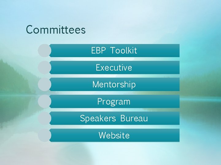 Committees EBP Toolkit Executive Mentorship Program Speakers Bureau Website 