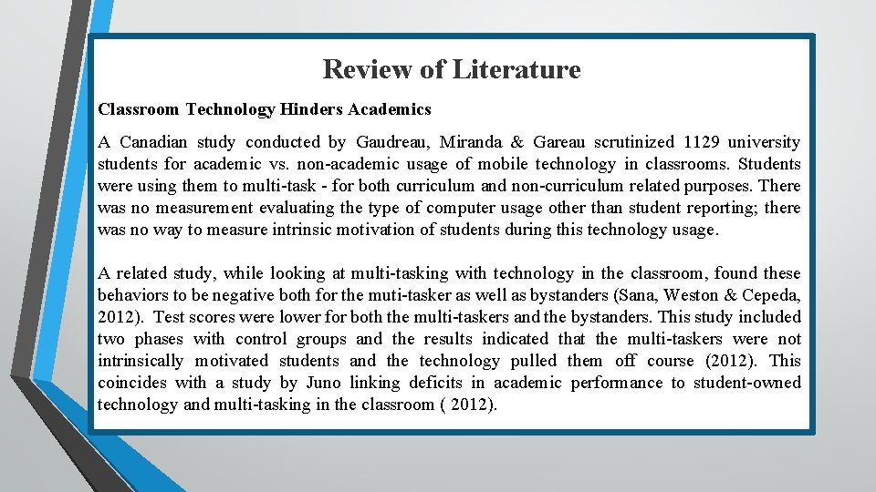 Review of Literature Classroom Technology Hinders Academics A Canadian study conducted by Gaudreau, Miranda