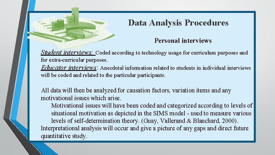 Data Analysis Procedures Personal interviews Student interviews: Coded according to technology usage for curriculum