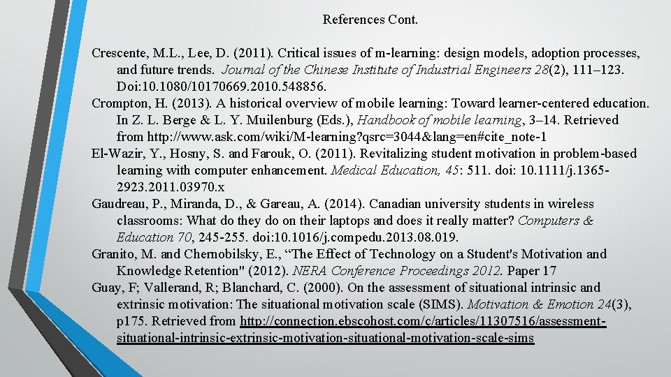 References Cont. Crescente, M. L. , Lee, D. (2011). Critical issues of m-learning: design