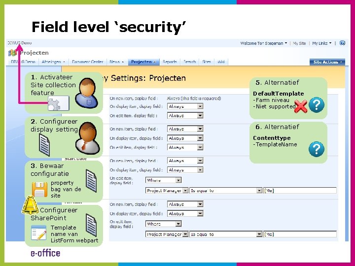 Field level ‘security’ 1. Activateer Site collection feature 2. Configureer display setting 5. Alternatief