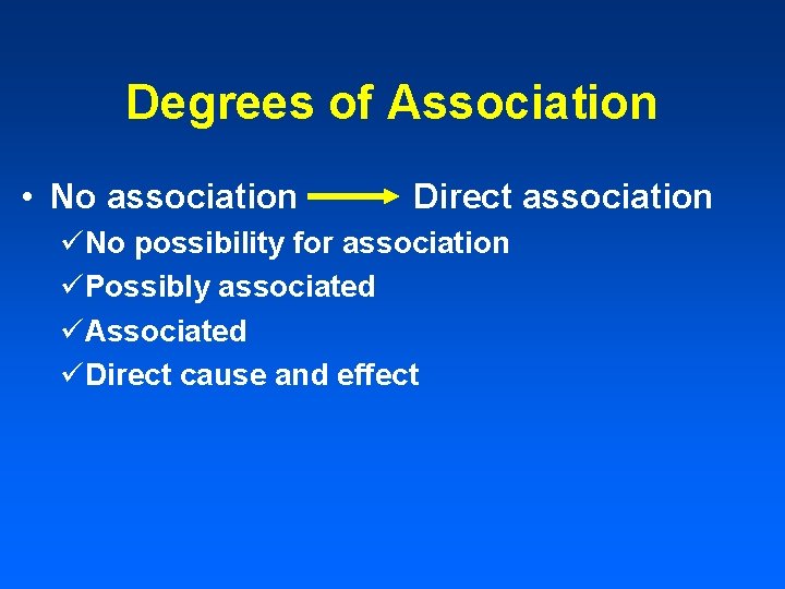 Degrees of Association • No association Direct association üNo possibility for association üPossibly associated Degrees of Association • No association Direct association üNo possibility for association üPossibly associated