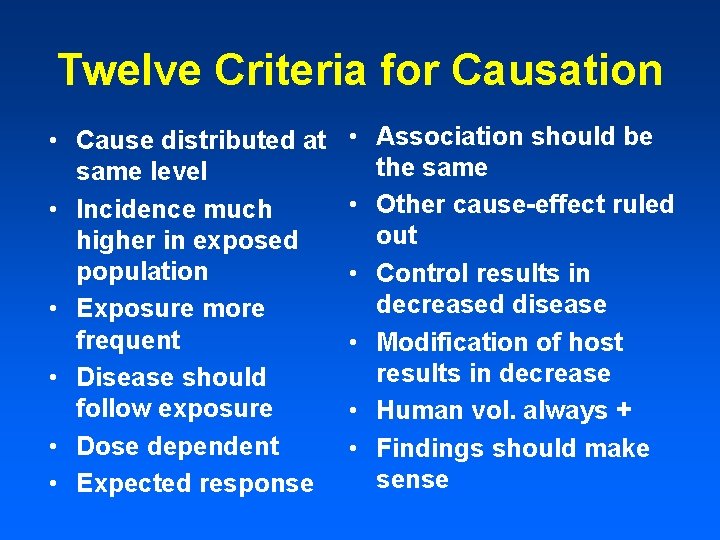 Twelve Criteria for Causation • Cause distributed at same level • Incidence much higher Twelve Criteria for Causation • Cause distributed at same level • Incidence much higher