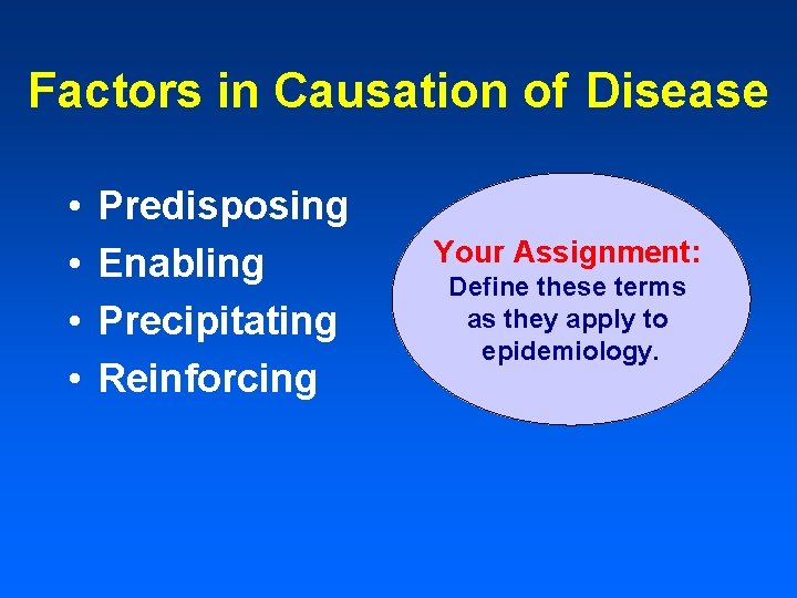 Factors in Causation of Disease • • Predisposing Enabling Precipitating Reinforcing Your Assignment: Define Factors in Causation of Disease • • Predisposing Enabling Precipitating Reinforcing Your Assignment: Define