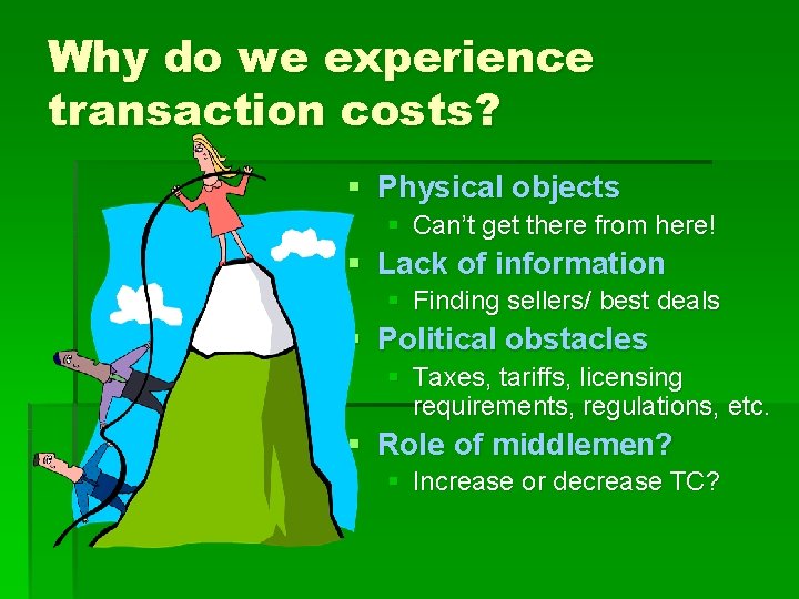 Why do we experience transaction costs? § Physical objects § Can’t get there from