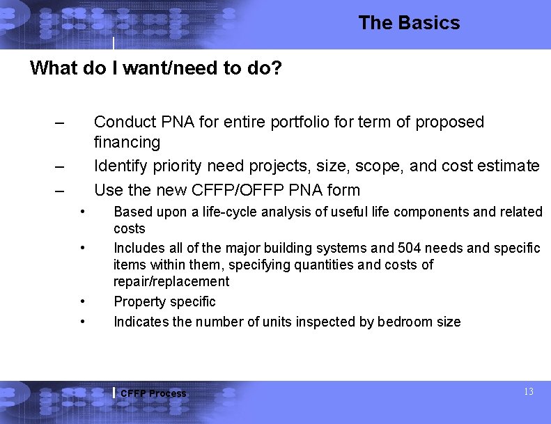 The Basics What do I want/need to do? – Conduct PNA for entire portfolio