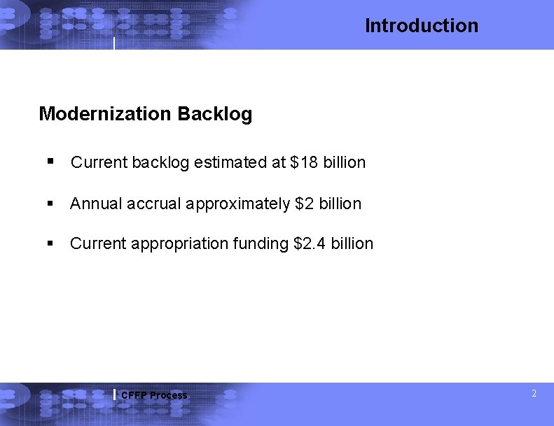 Introduction Modernization Backlog § Current backlog estimated at $18 billion § Annual accrual approximately