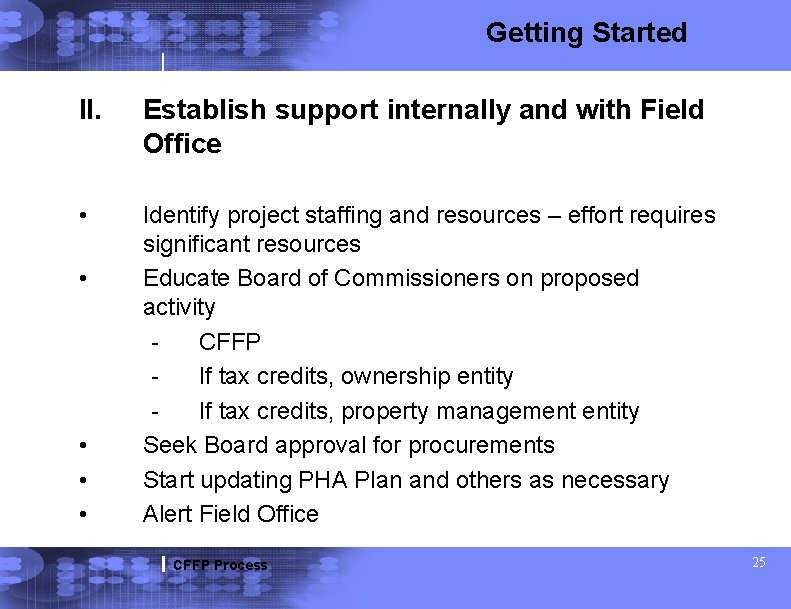 Getting Started II. Establish support internally and with Field Office • Identify project staffing