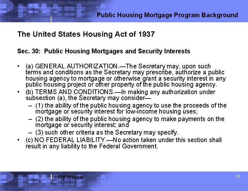 Public Housing Mortgage Program Background The United States Housing Act of 1937 Sec. 30:
