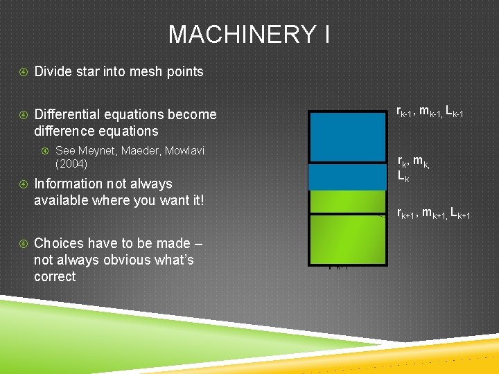 MACHINERY I Divide star into mesh points rk-1, mk-1, Lk-1 Differential equations become difference