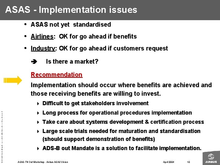 ASAS - Implementation issues • ASAS not yet standardised • Airlines: OK for go